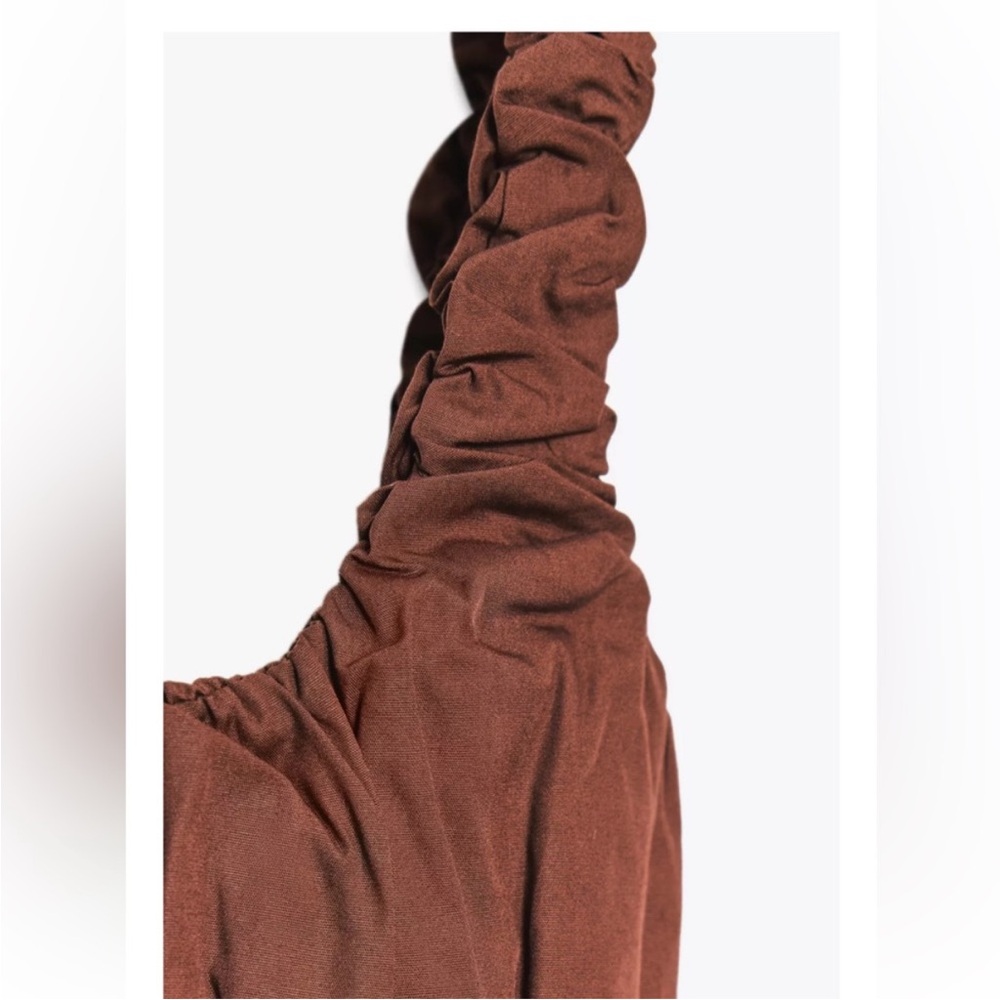 NWT Zara Brown Mixed Interlock Poplin Ruched Crop Top - Picture 5 of 7